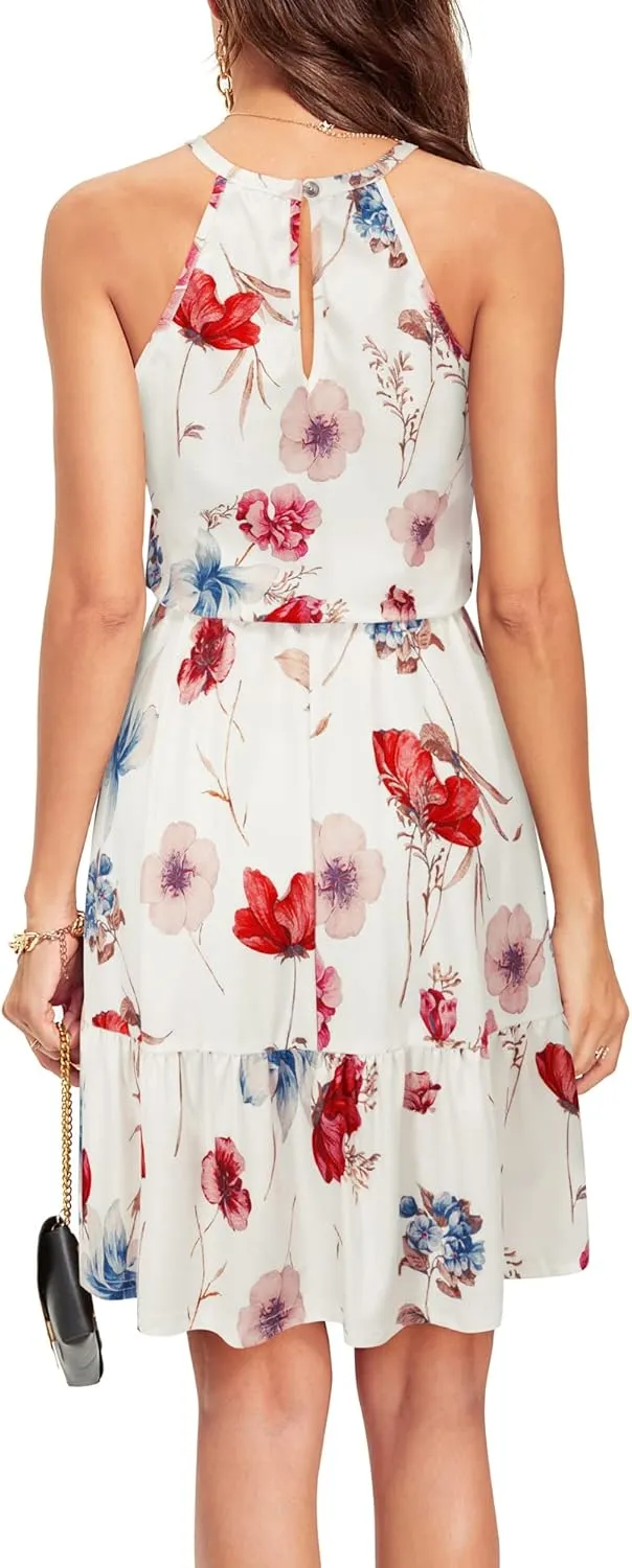 Newshows Womens 2025 Summer Dress Halter Wedding Guest Casual Beach Vacation Outfits Belted Sundresses with Pockets