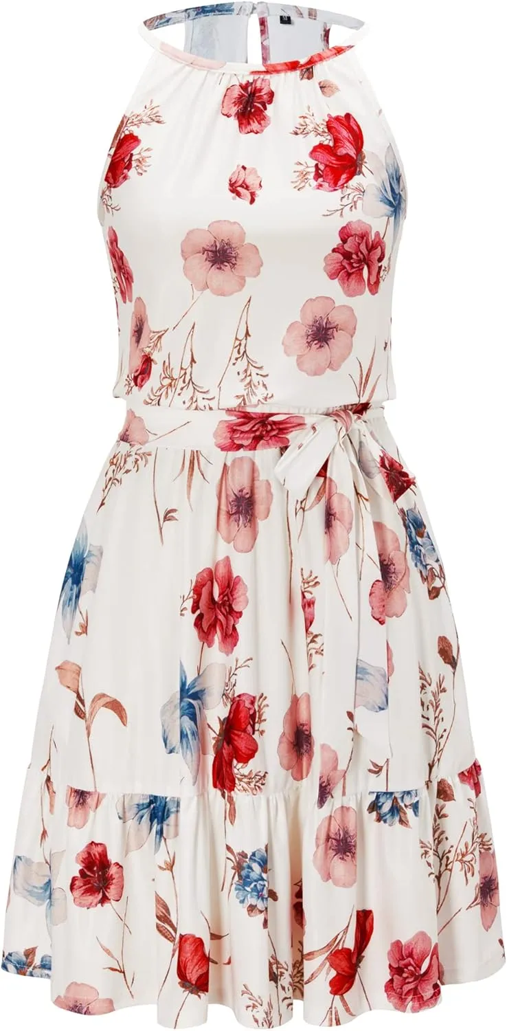 Newshows Womens 2025 Summer Dress Halter Wedding Guest Casual Beach Vacation Outfits Belted Sundresses with Pockets