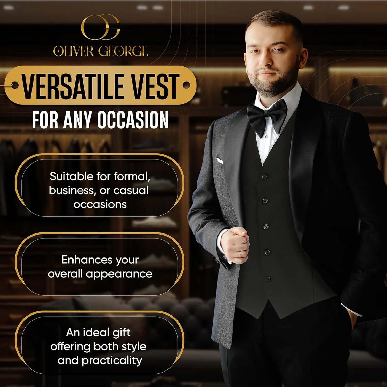 Oliver George Men's Solid Formal Business Dress Vest Waistcoat Vest for Suit or Tuxedo