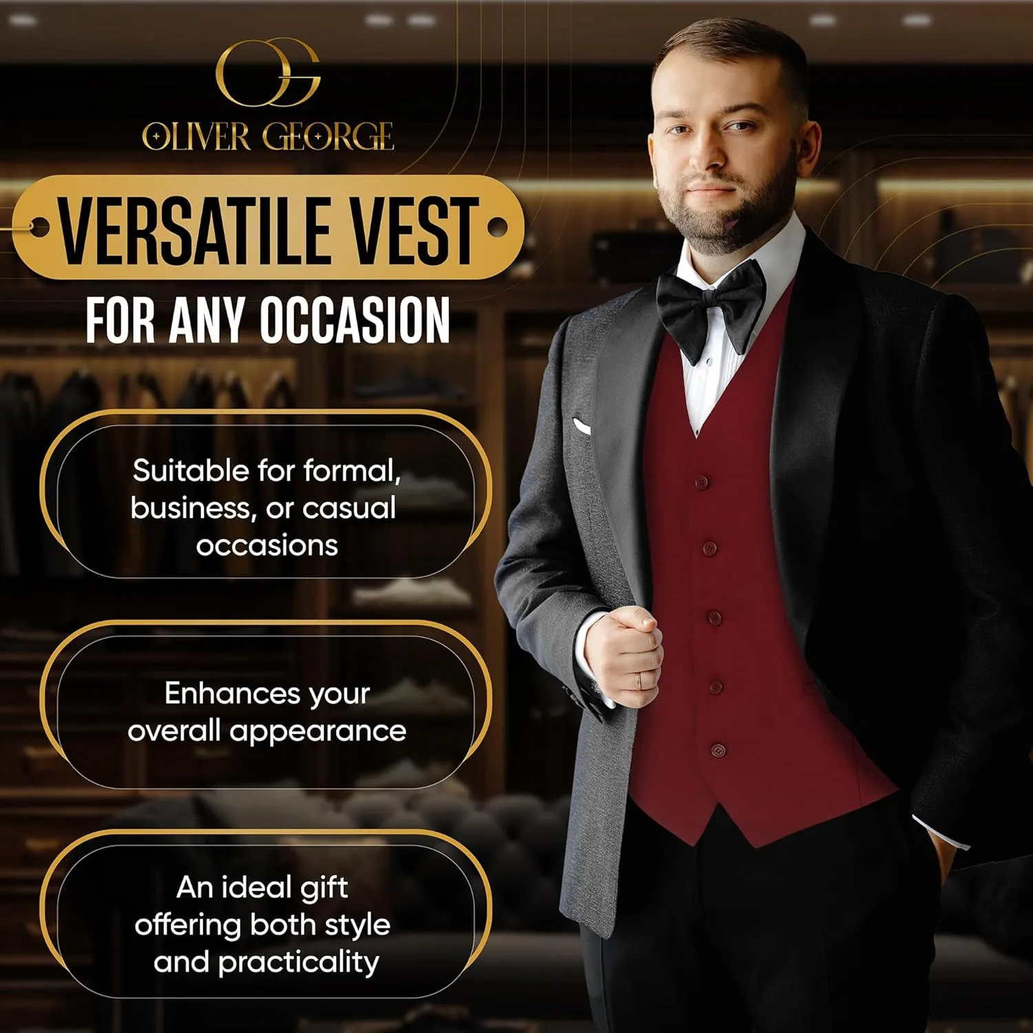 Oliver George Men's Solid Formal Business Dress Vest Waistcoat Vest for Suit or Tuxedo