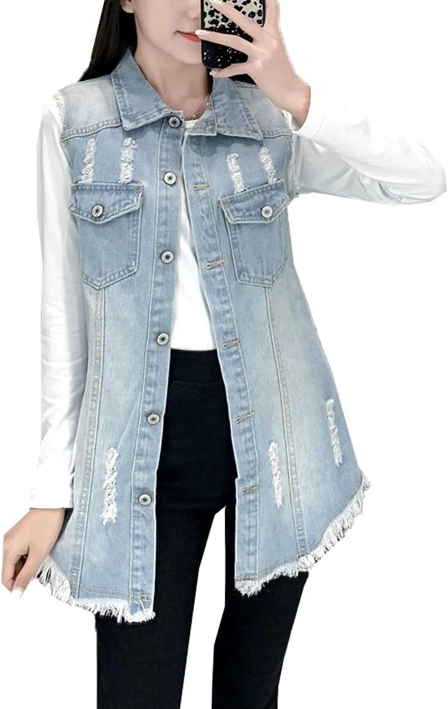 PEHMEA Women's Retro Button Up Sleeveless Mid Long Ripped Denim Jean Vest Waistcoat