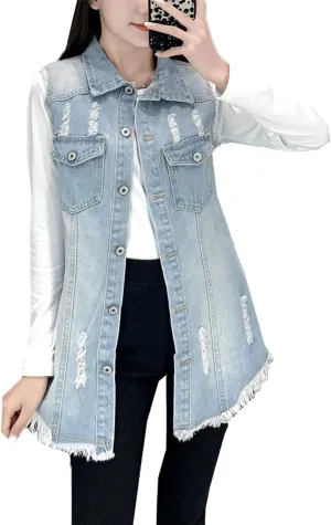 PEHMEA Women's Retro Button Up Sleeveless Mid Long Ripped Denim Jean Vest Waistcoat