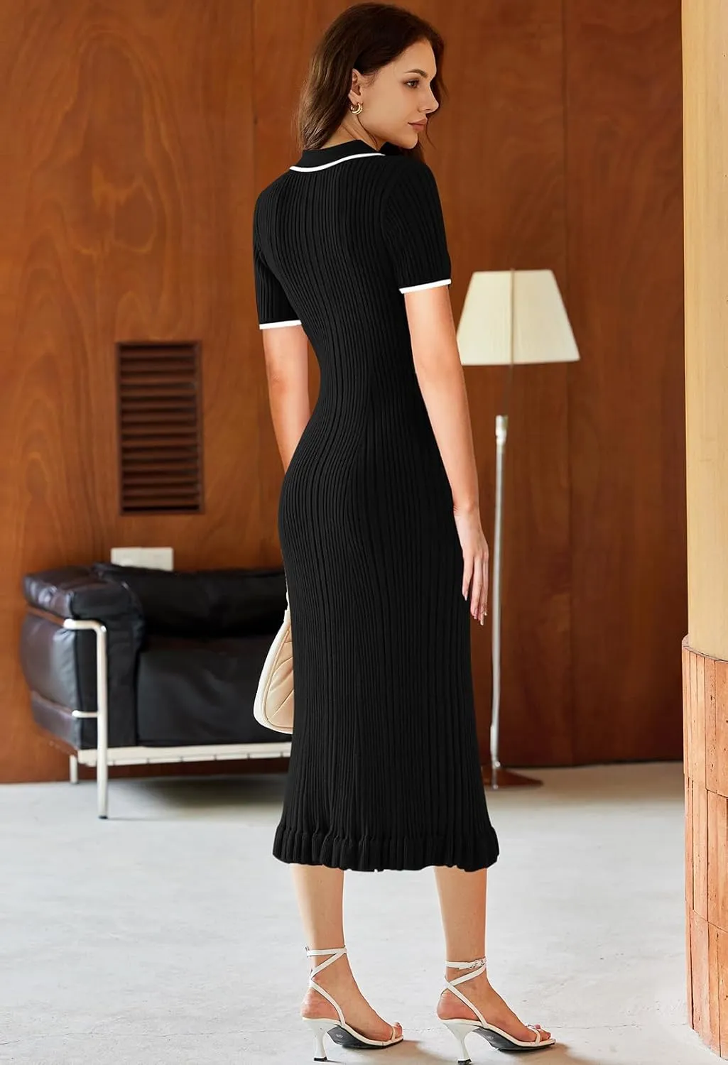 Pink Queen Women's Elegant Bodycon Dress 2025 Short Sleeve V Neck Half Button Cocktail Party Ribbed Knit Long Sweater Dress