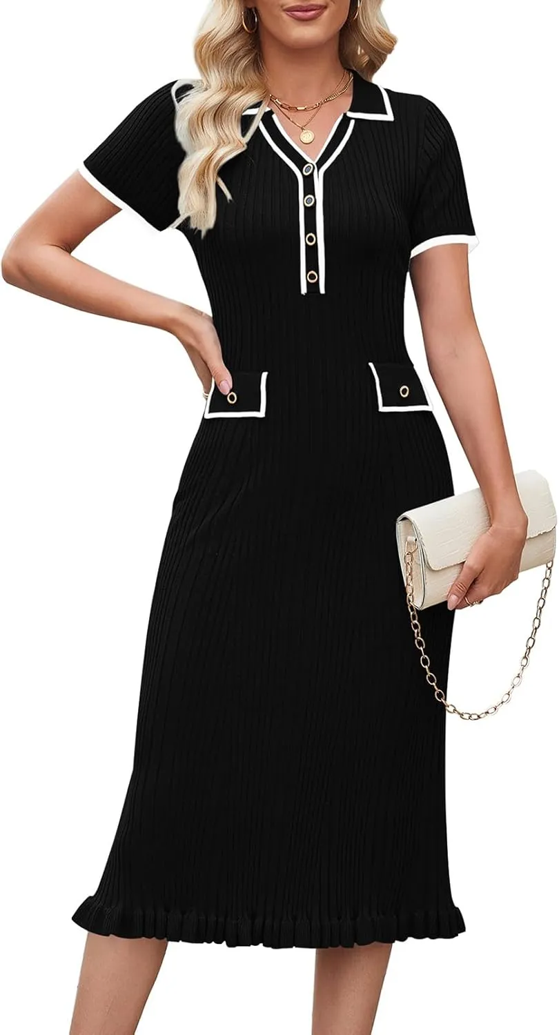 Pink Queen Women's Elegant Bodycon Dress 2025 Short Sleeve V Neck Half Button Cocktail Party Ribbed Knit Long Sweater Dress