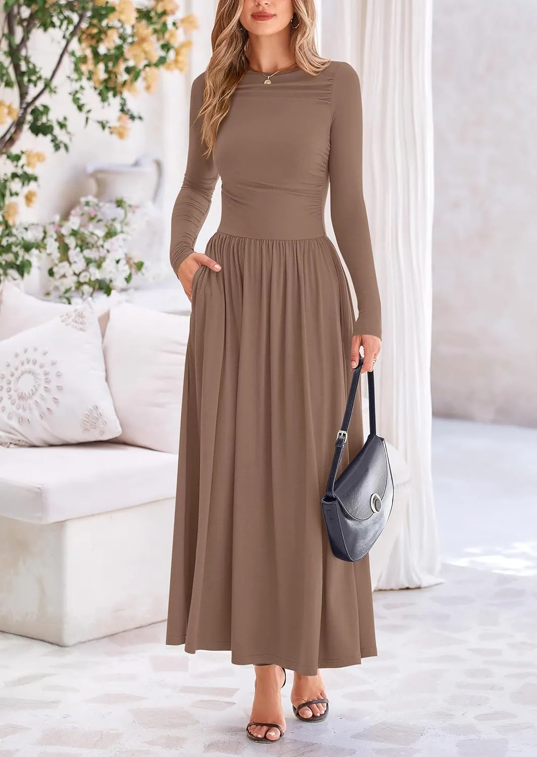 PRETTYGARDEN Women's 2025 Spring Casual Long Sleeve Maxi Dresses Crewneck Ruched A Line Flowy Elegant Modest Going Out Dress