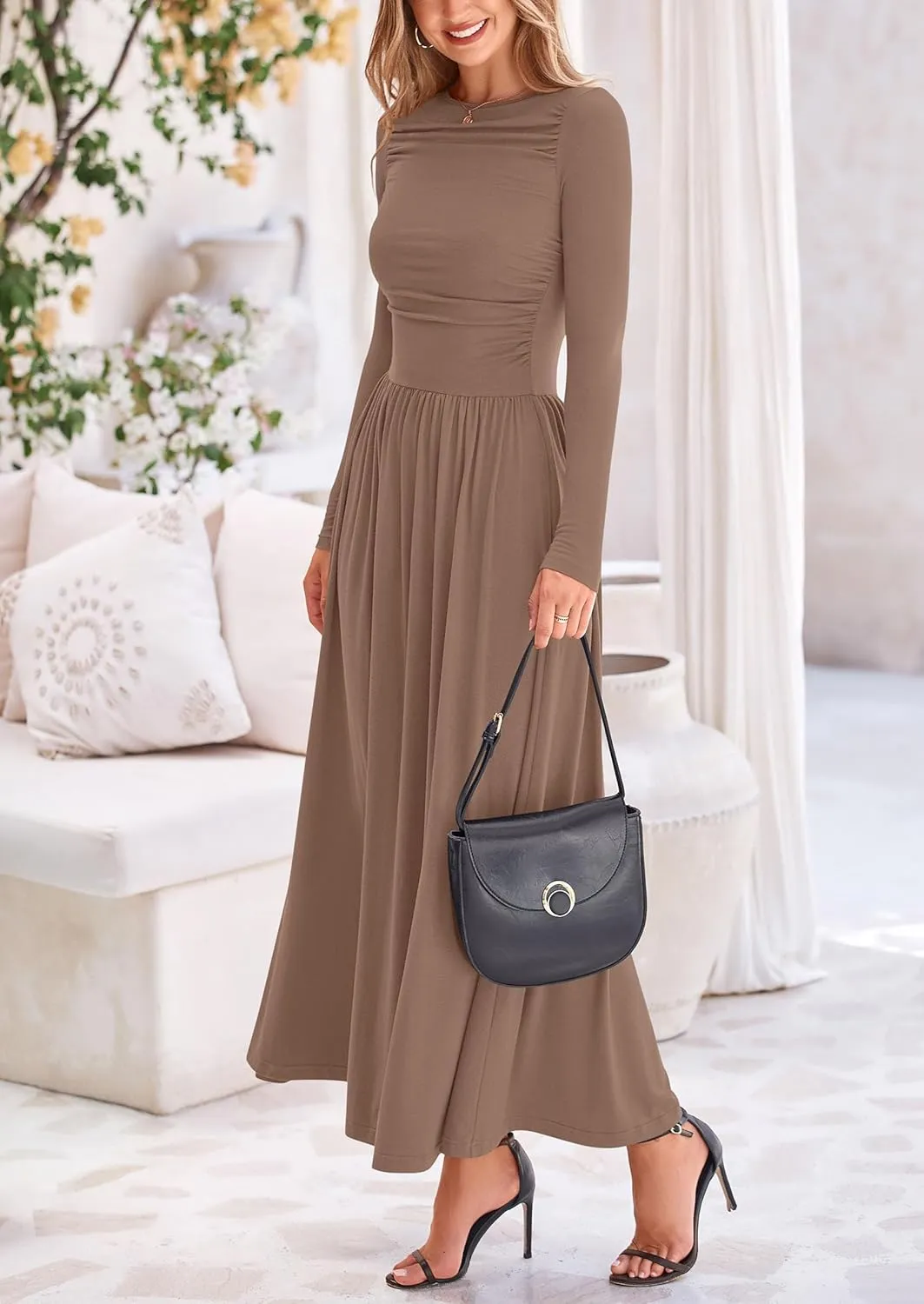 PRETTYGARDEN Women's 2025 Spring Casual Long Sleeve Maxi Dresses Crewneck Ruched A Line Flowy Elegant Modest Going Out Dress
