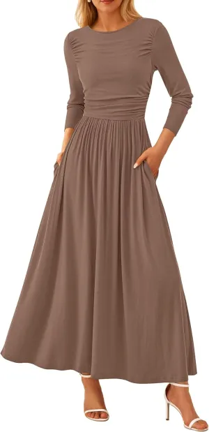 PRETTYGARDEN Women's 2025 Spring Casual Long Sleeve Maxi Dresses Crewneck Ruched A Line Flowy Elegant Modest Going Out Dress