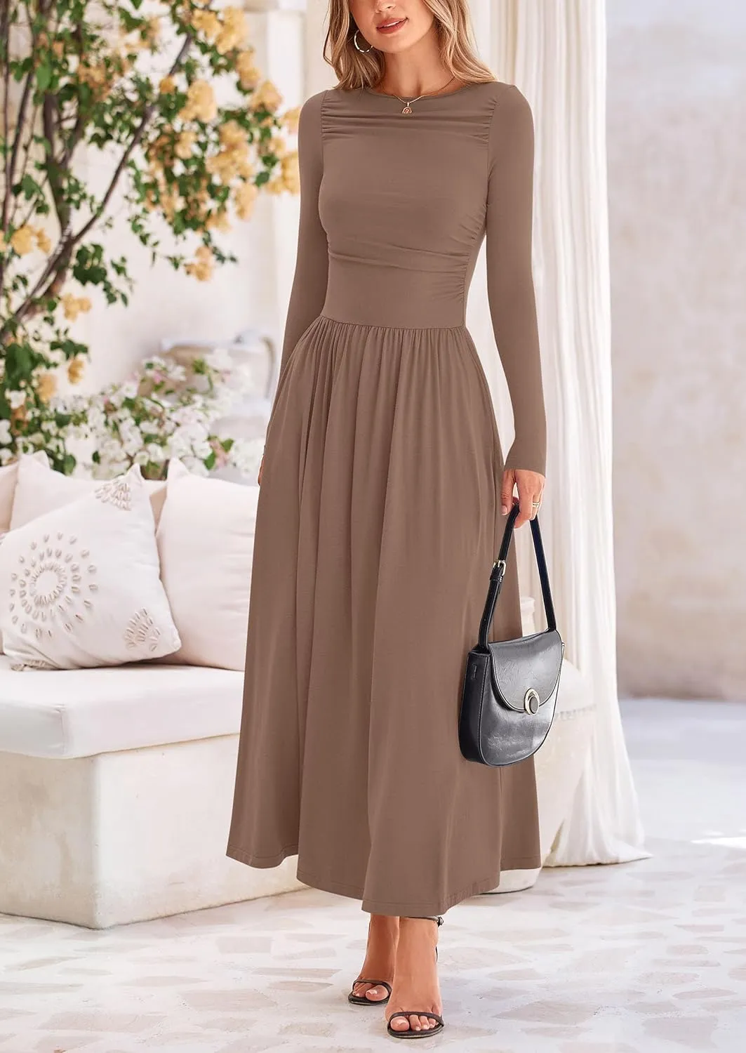 PRETTYGARDEN Women's 2025 Spring Casual Long Sleeve Maxi Dresses Crewneck Ruched A Line Flowy Elegant Modest Going Out Dress