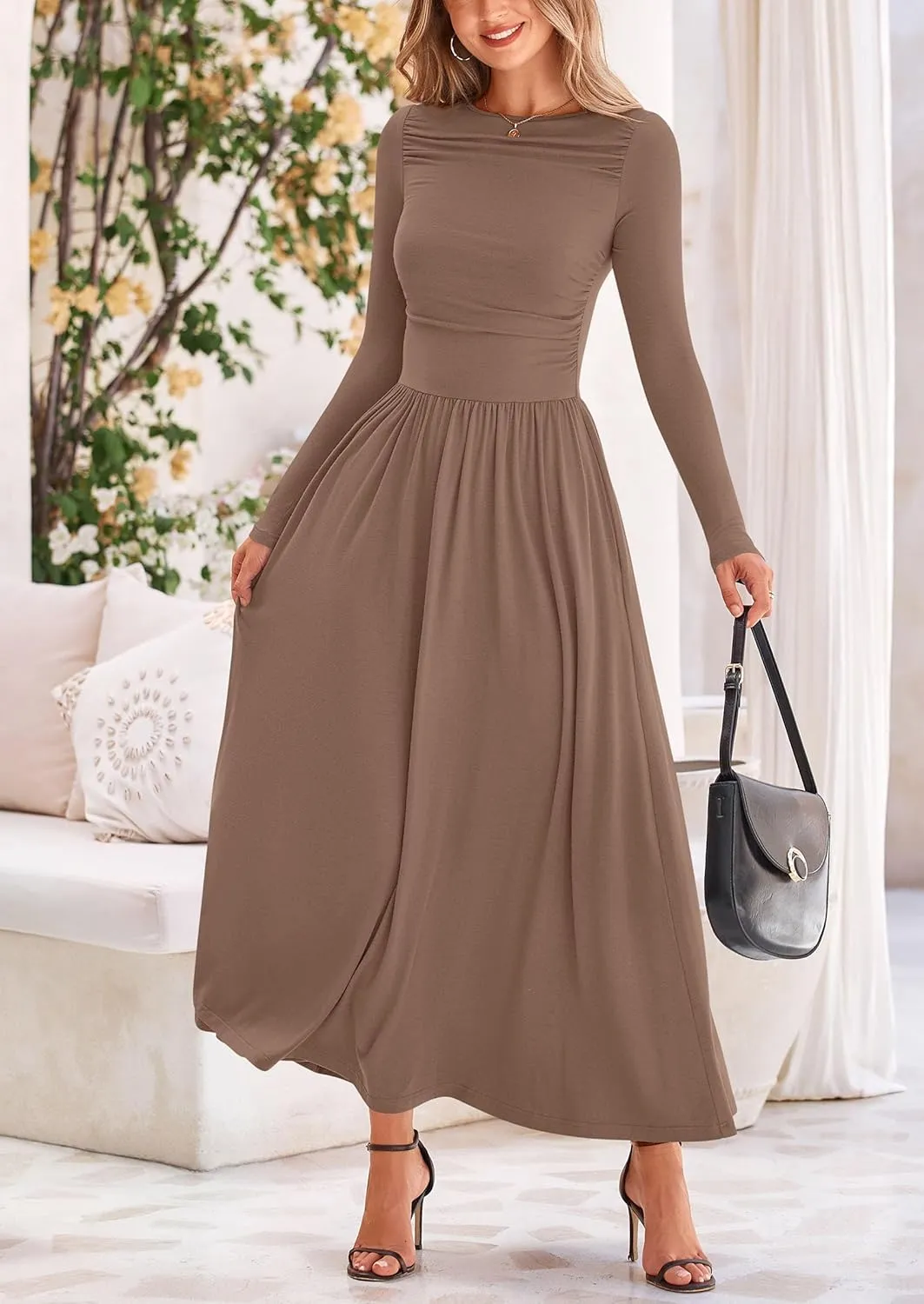PRETTYGARDEN Women's 2025 Spring Casual Long Sleeve Maxi Dresses Crewneck Ruched A Line Flowy Elegant Modest Going Out Dress