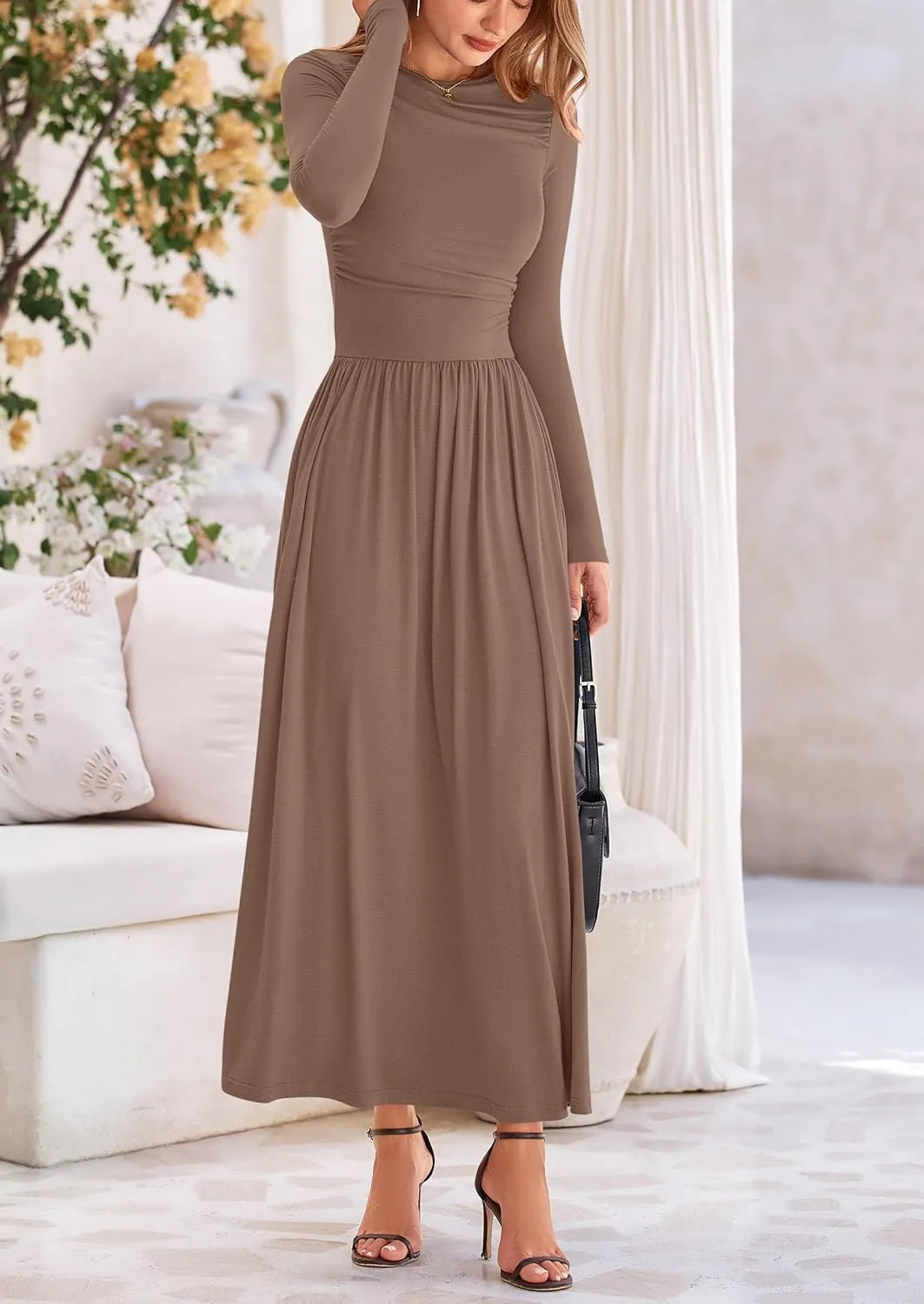 PRETTYGARDEN Women's 2025 Spring Casual Long Sleeve Maxi Dresses Crewneck Ruched A Line Flowy Elegant Modest Going Out Dress