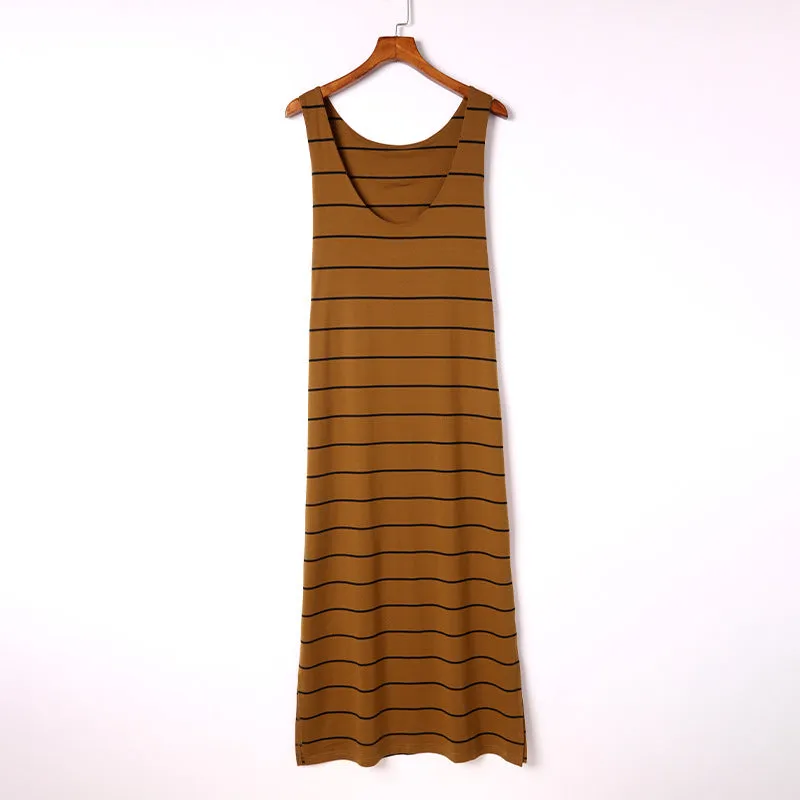 Summer Striped Printed Dress Round Neck Sleeveless High Waist Dresses