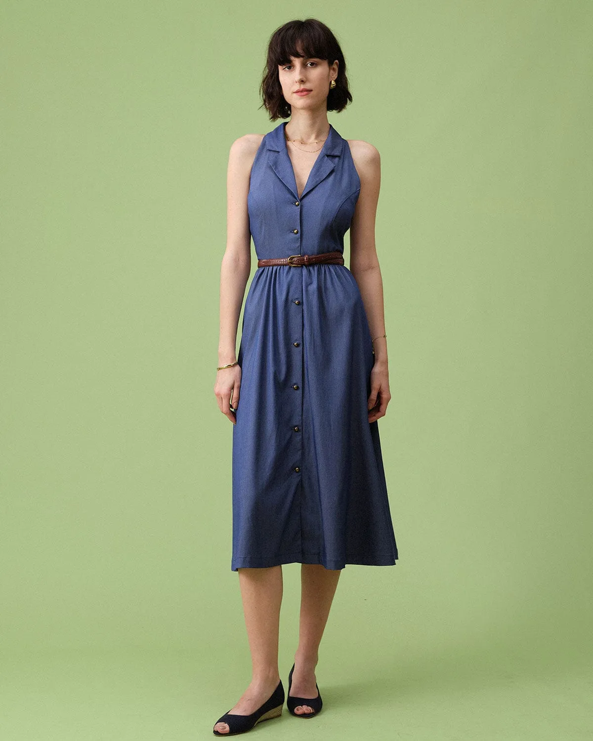 The Blue Lapel Tunic Sleeveless Midi Dress