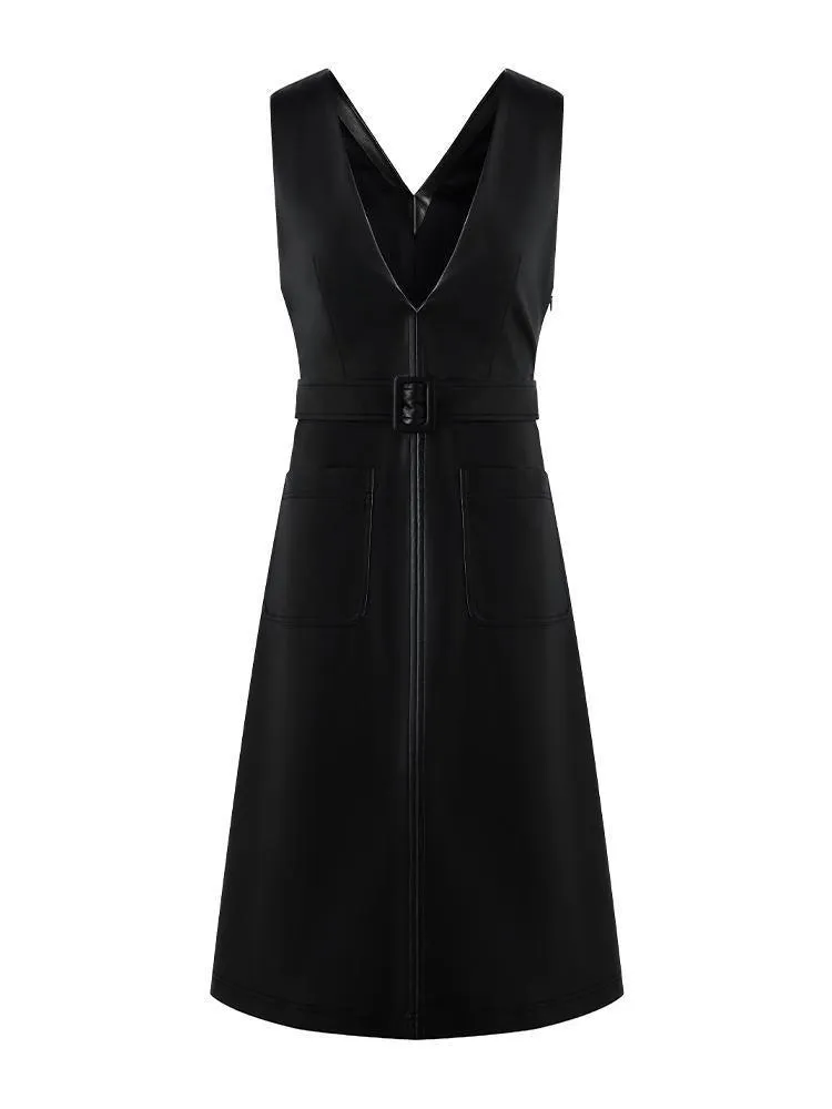 V-neck Vest Dresses With Belt