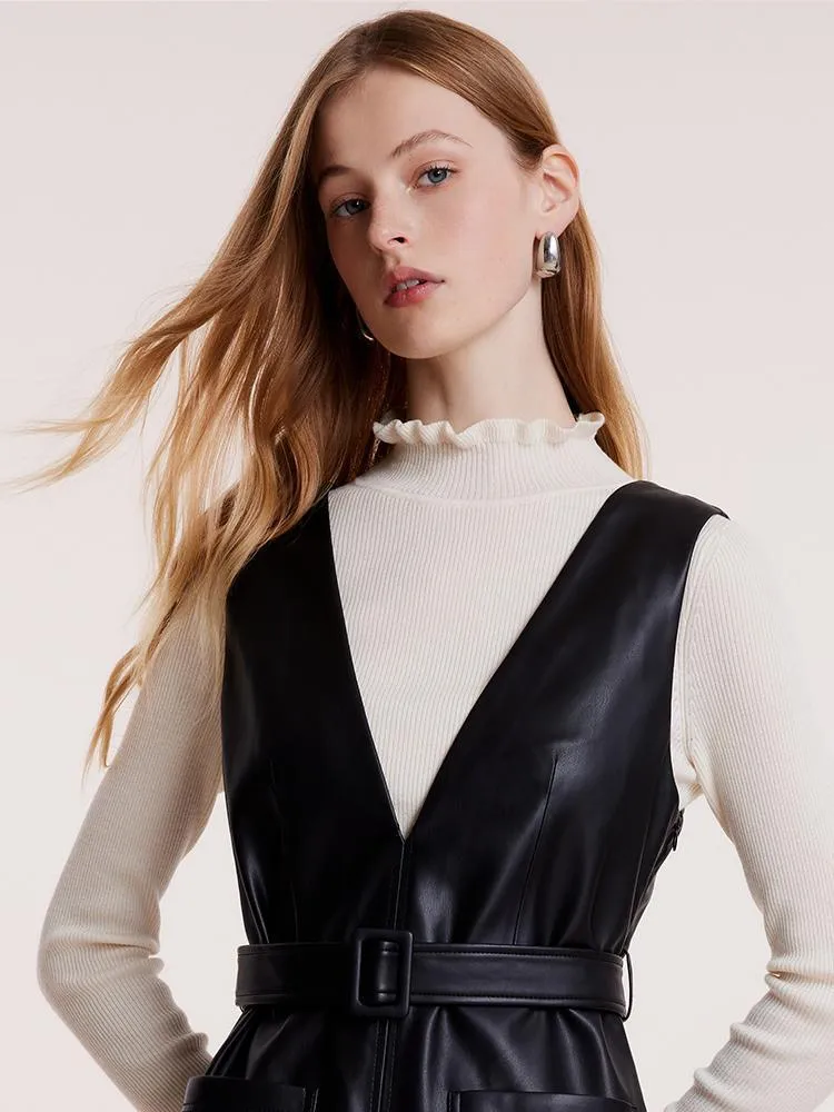 V-neck Vest Dresses With Belt