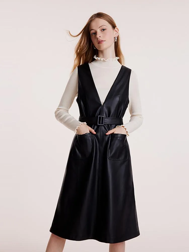 V-neck Vest Dresses With Belt