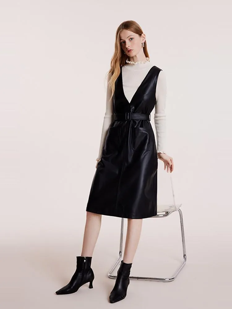 V-neck Vest Dresses With Belt