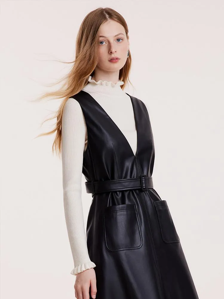 V-neck Vest Dresses With Belt