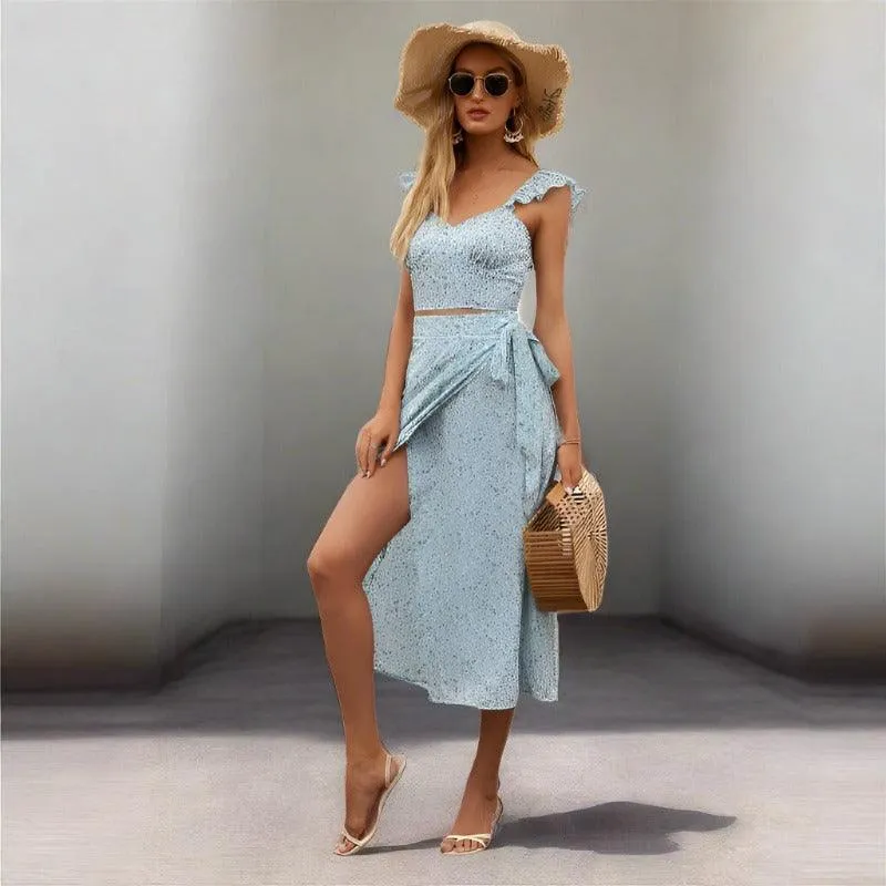 Vacation Vest Long Skirt Strappy Split Floral Suit