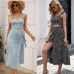 Vacation Vest Long Skirt Strappy Split Floral Suit
