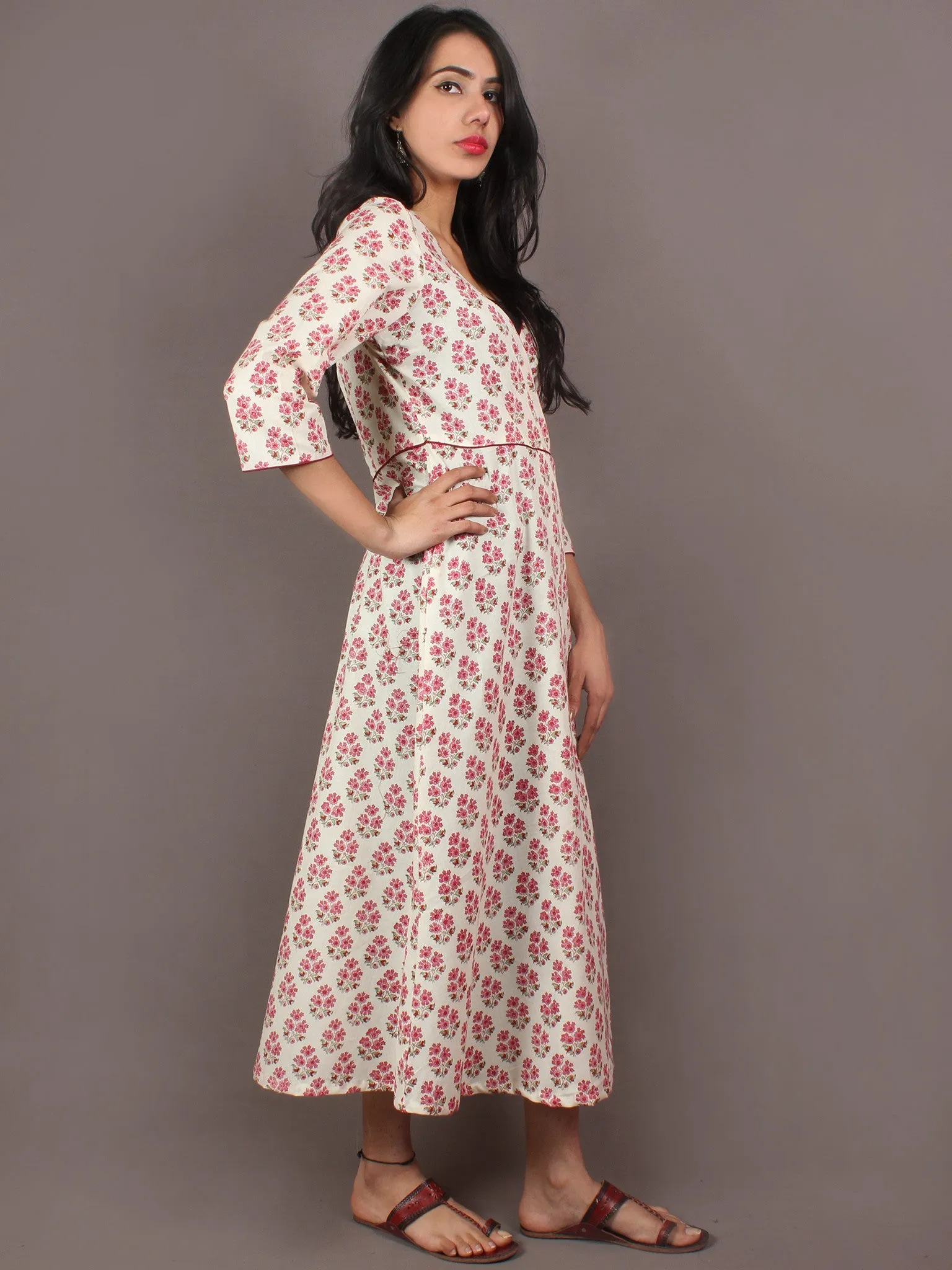 White Pink Mint Green Hand Block Printed Long Cotton Angrakha Dress - D2012301