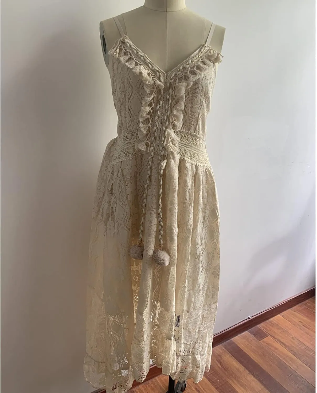 White Summer Dresses for Women Boho Lace V-Neck Maxi Ruffle Dress Slip Tassel Crotchet Clothes Beach