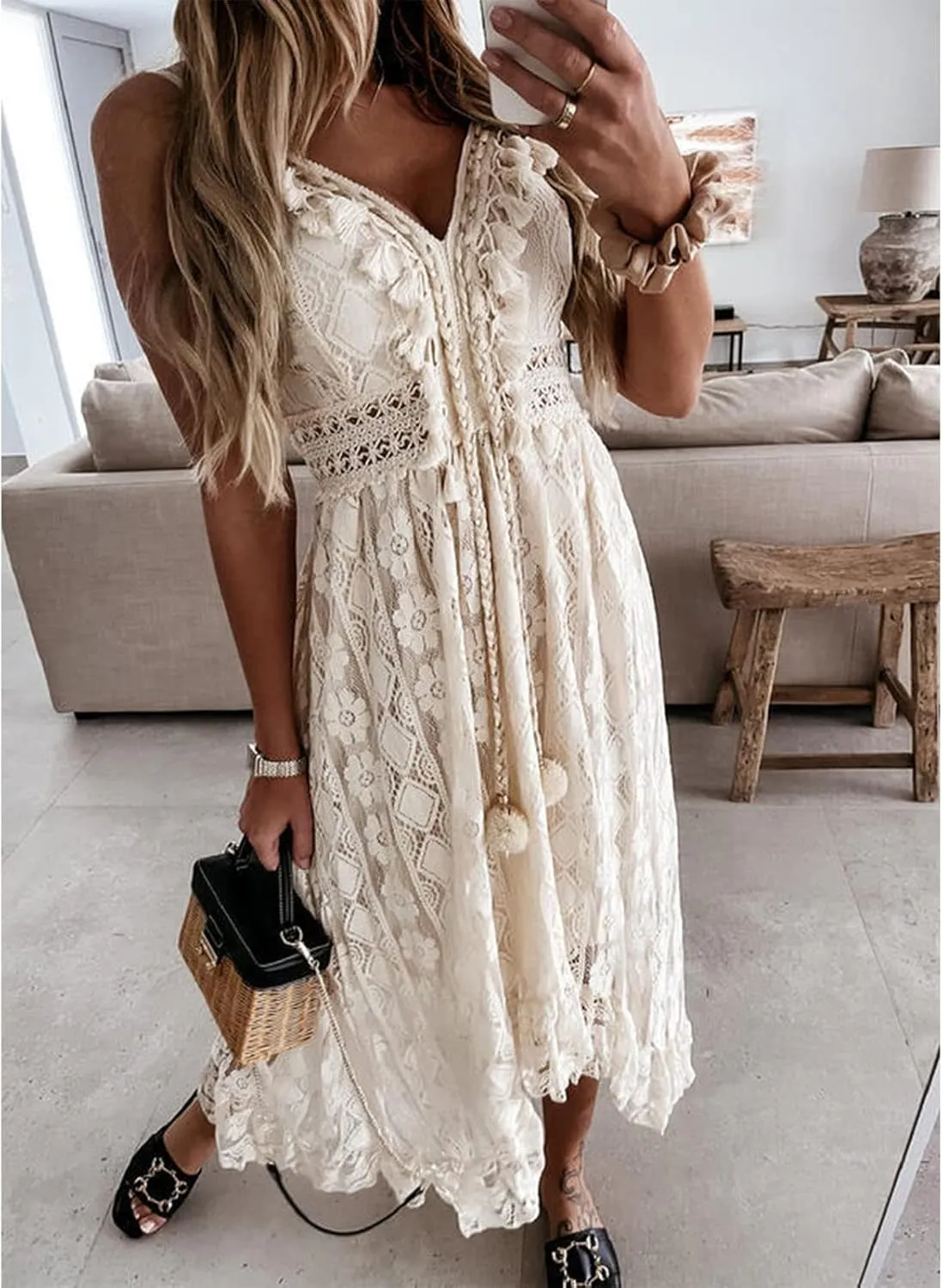 White Summer Dresses for Women Boho Lace V-Neck Maxi Ruffle Dress Slip Tassel Crotchet Clothes Beach