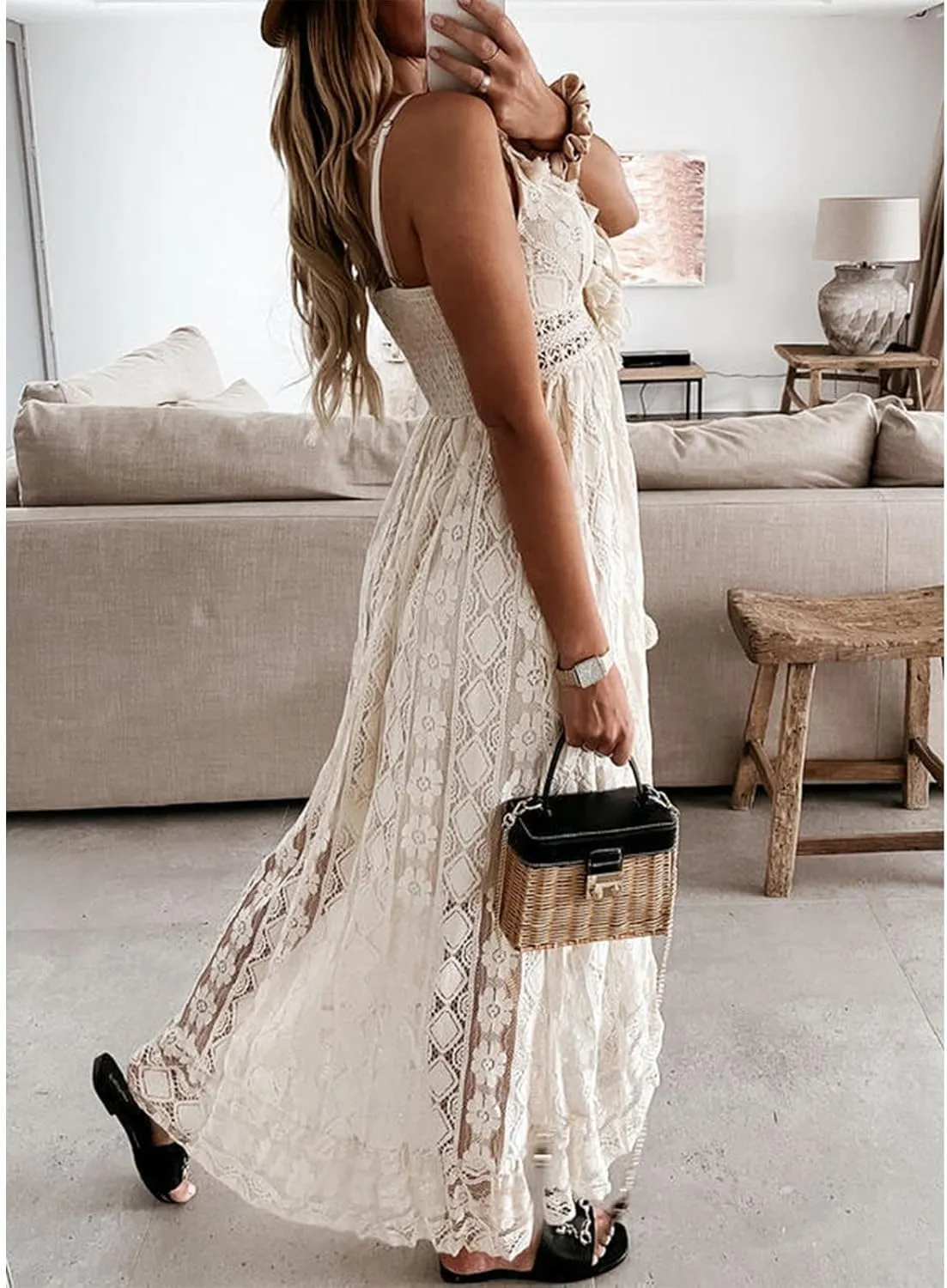 White Summer Dresses for Women Boho Lace V-Neck Maxi Ruffle Dress Slip Tassel Crotchet Clothes Beach