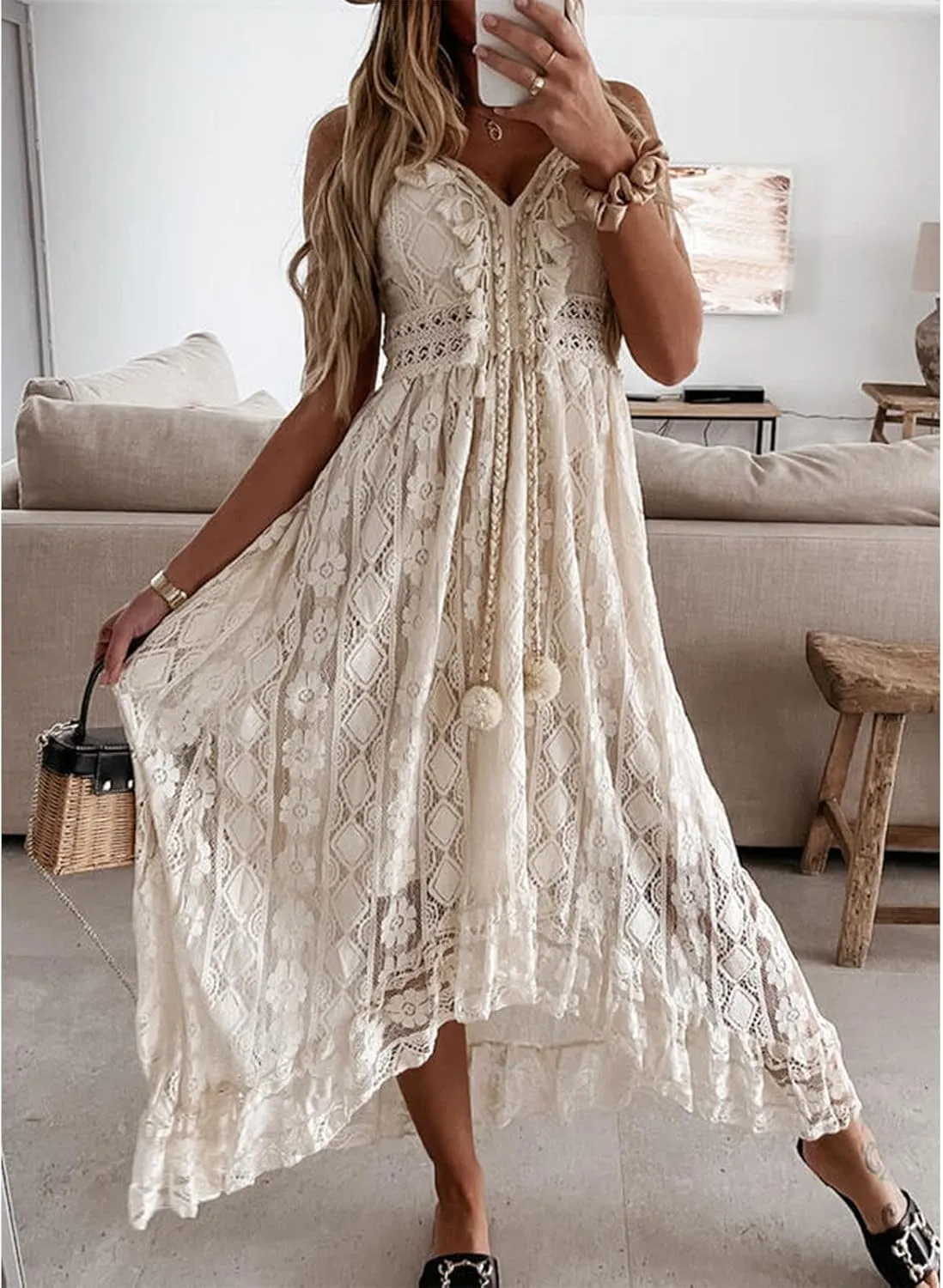 White Summer Dresses for Women Boho Lace V-Neck Maxi Ruffle Dress Slip Tassel Crotchet Clothes Beach
