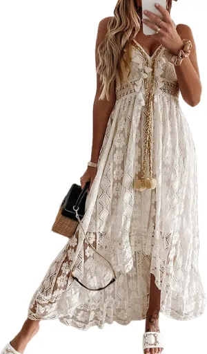 White Summer Dresses for Women Boho Lace V-Neck Maxi Ruffle Dress Slip Tassel Crotchet Clothes Beach