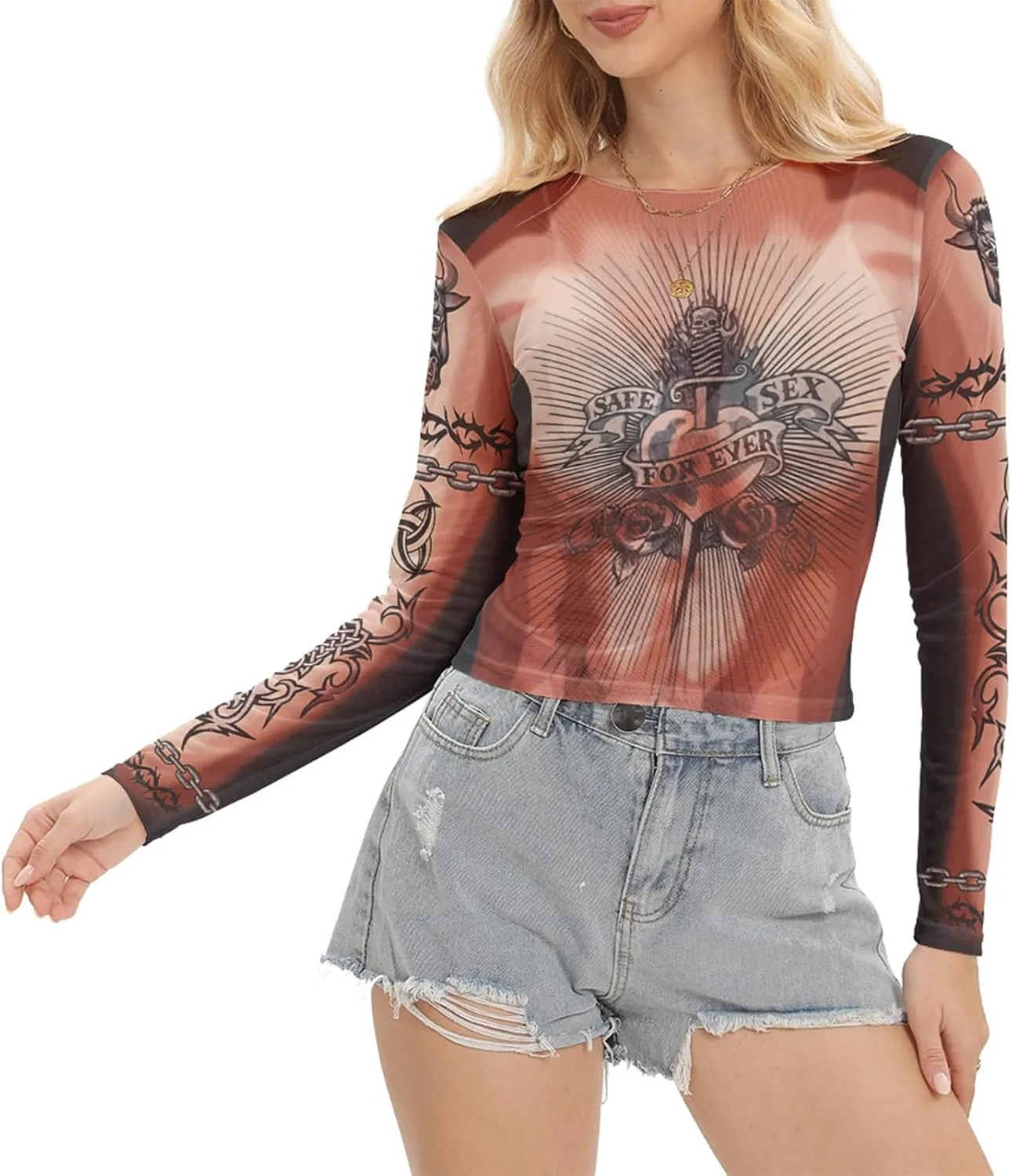 Women Mesh Printed Crop Top Shirt Long-Sleeved Slim Cool T-Shirts Modern Punk Street Tops