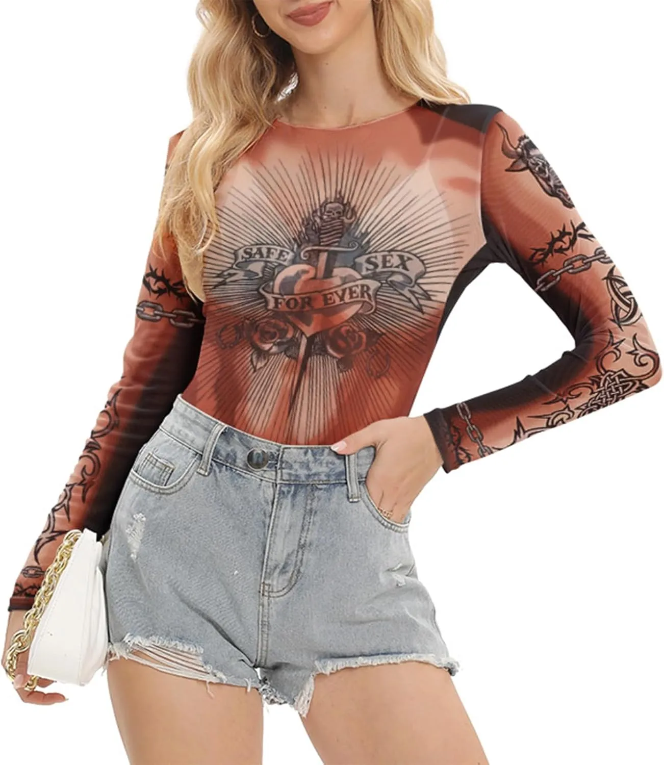 Women Mesh Printed Crop Top Shirt Long-Sleeved Slim Cool T-Shirts Modern Punk Street Tops