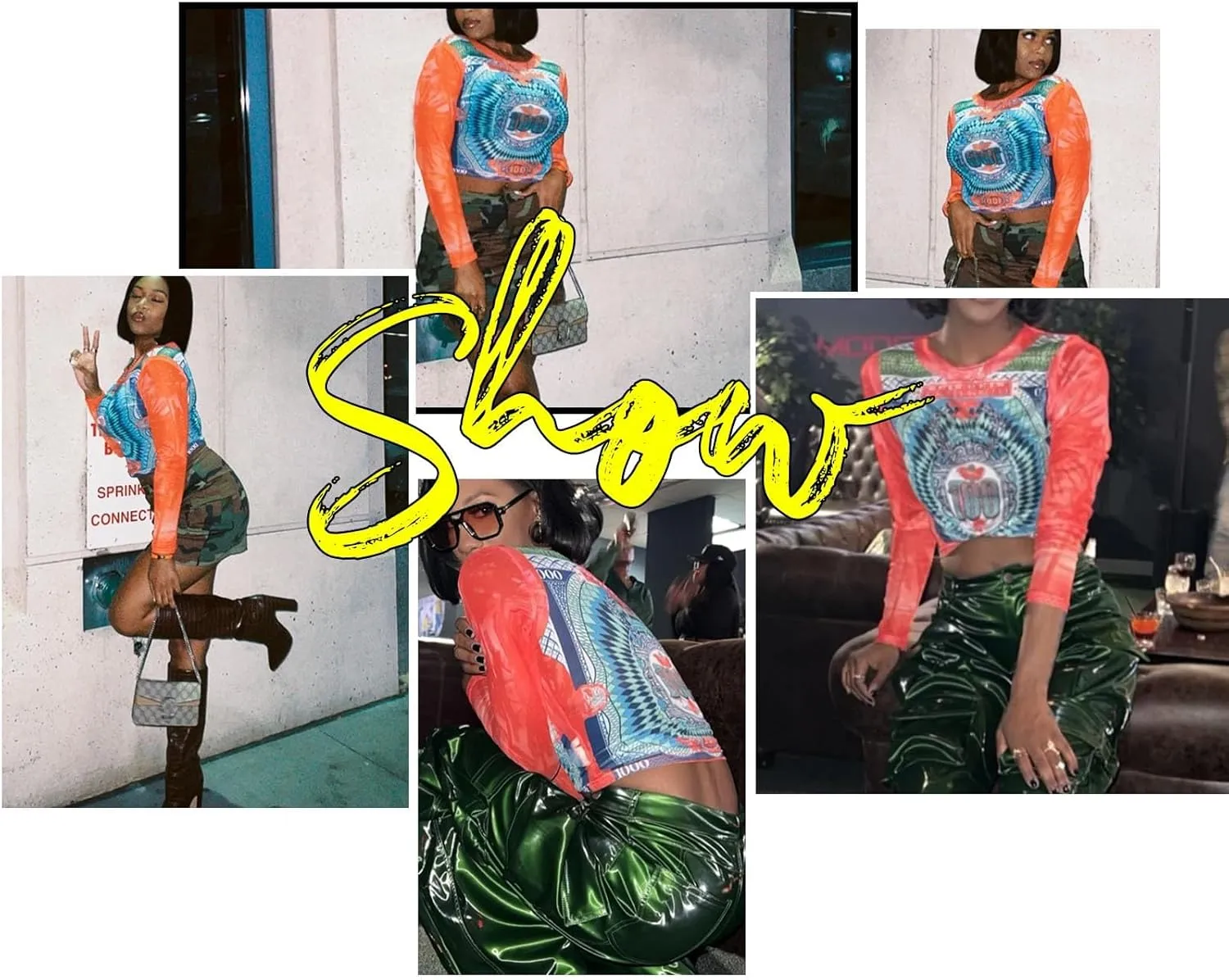 Women Mesh Printed Crop Top Shirt Long-Sleeved Slim Cool T-Shirts Modern Punk Street Tops