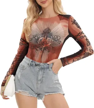 Women Mesh Printed Crop Top Shirt Long-Sleeved Slim Cool T-Shirts Modern Punk Street Tops