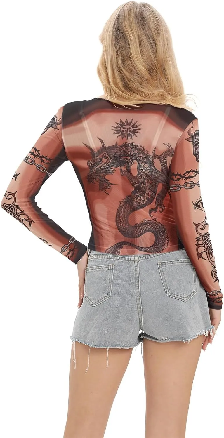 Women Mesh Printed Crop Top Shirt Long-Sleeved Slim Cool T-Shirts Modern Punk Street Tops