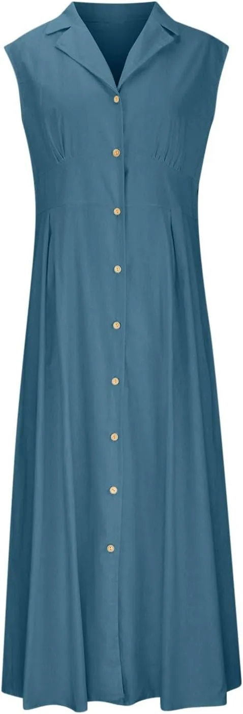 Womens Cotton Linen Button Down Shirt Dress Sleeveless Business Casual Collared Work Dresses Summer Clothes Outfits