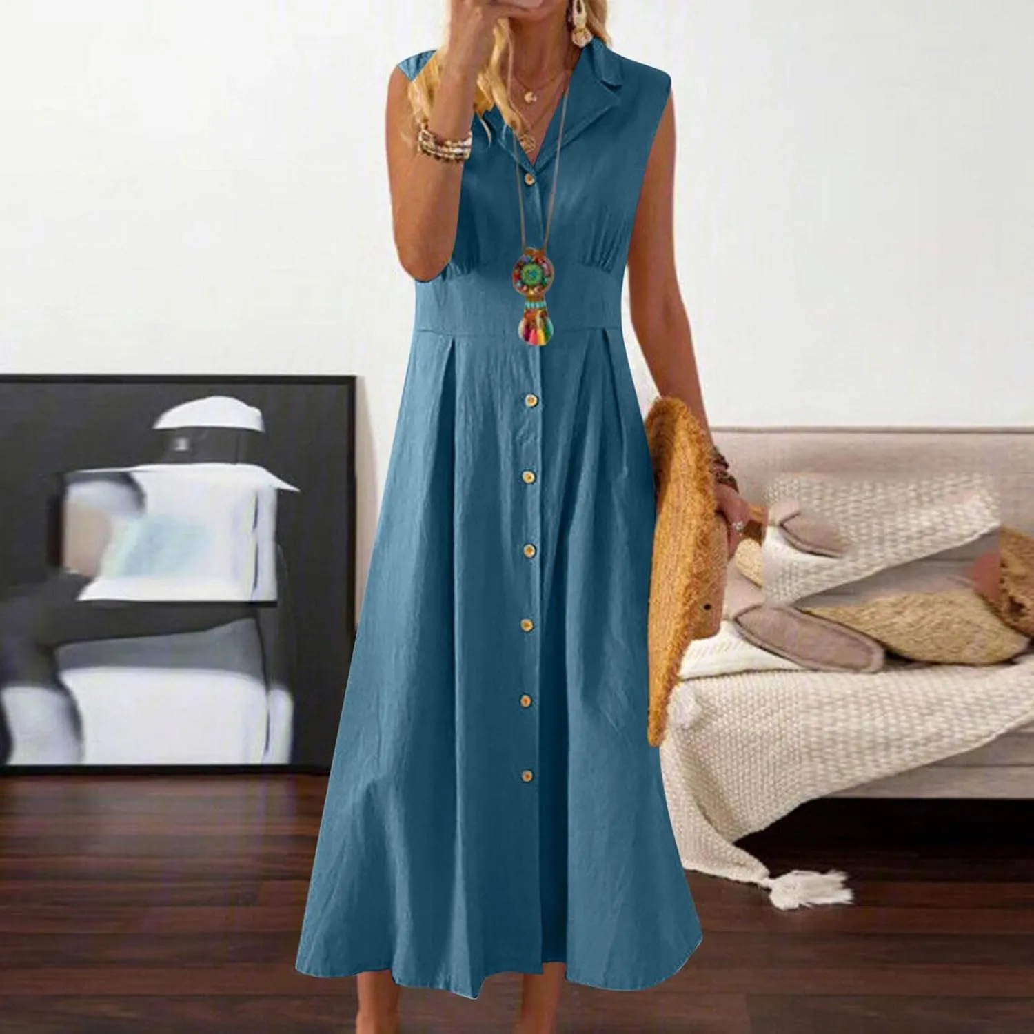 Womens Cotton Linen Button Down Shirt Dress Sleeveless Business Casual Collared Work Dresses Summer Clothes Outfits