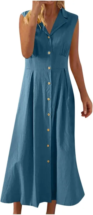 Womens Cotton Linen Button Down Shirt Dress Sleeveless Business Casual Collared Work Dresses Summer Clothes Outfits