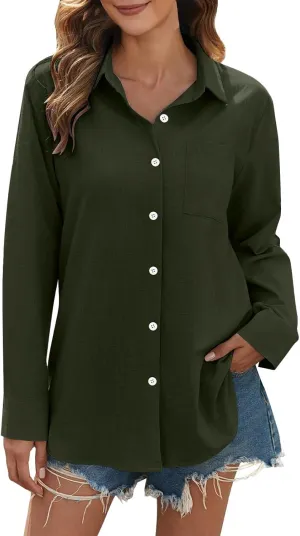 Womens Linen Button Down Shirts Women's Retro Floral Art Print Casual Long Sleeve Long Sleeve Cotton Gauze Tops