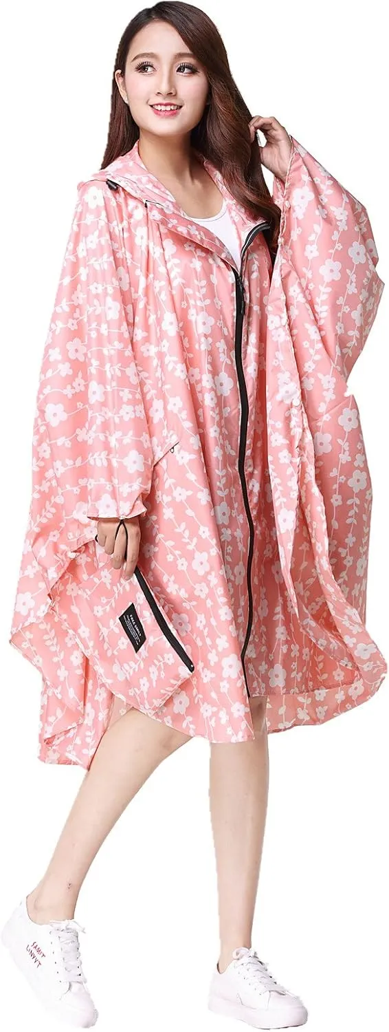 Womens Rain Poncho Stylish Polyester Waterproof Raincoat Free Size with Hood Zipper