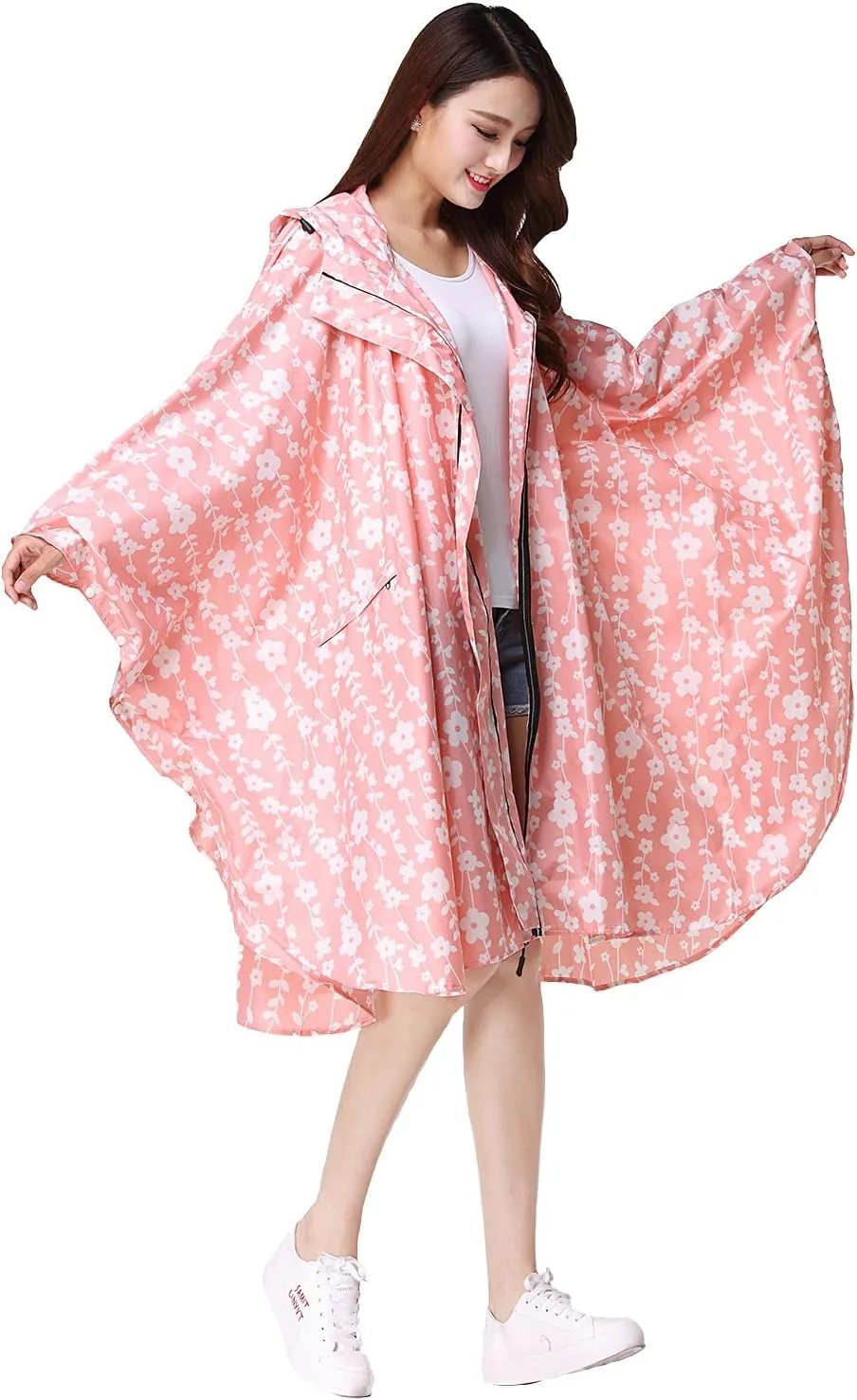 Womens Rain Poncho Stylish Polyester Waterproof Raincoat Free Size with Hood Zipper