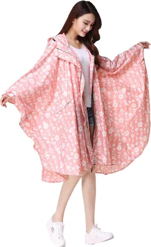 Womens Rain Poncho Stylish Polyester Waterproof Raincoat Free Size with Hood Zipper