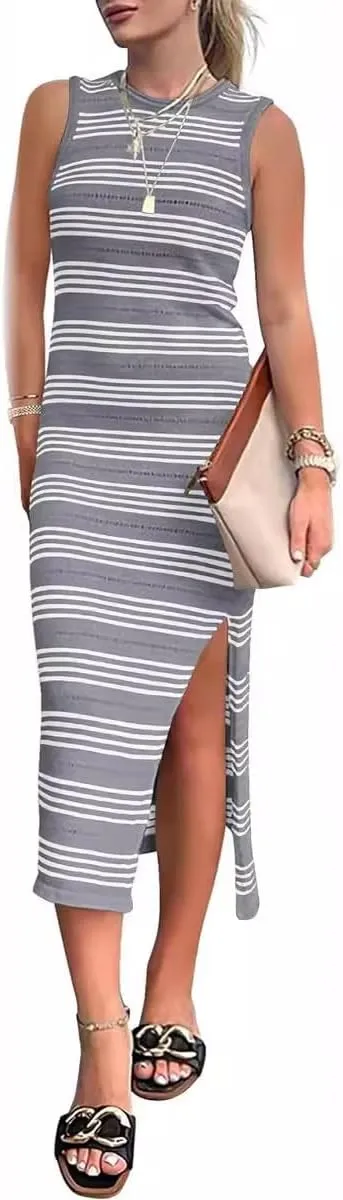 Women's Summer Bodycon Sundresses Slim-fit Dress Casual Midi Sleeveless Cut-Out Knit Side Slit Striped Long Vest Dress