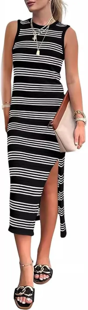 Women's Summer Bodycon Sundresses Slim-fit Dress Casual Midi Sleeveless Cut-Out Knit Side Slit Striped Long Vest Dress
