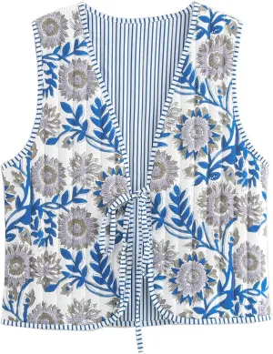 Yimoon Women's Cropped Quilted Vest Floral Printed Puffer Vest Lightweight Sleeveless Tie Front Padded Gilet Outwear